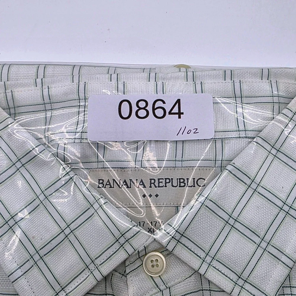 Banana Republic Mens‎ XL Green White Windowpane Cotton Button Down Shirt